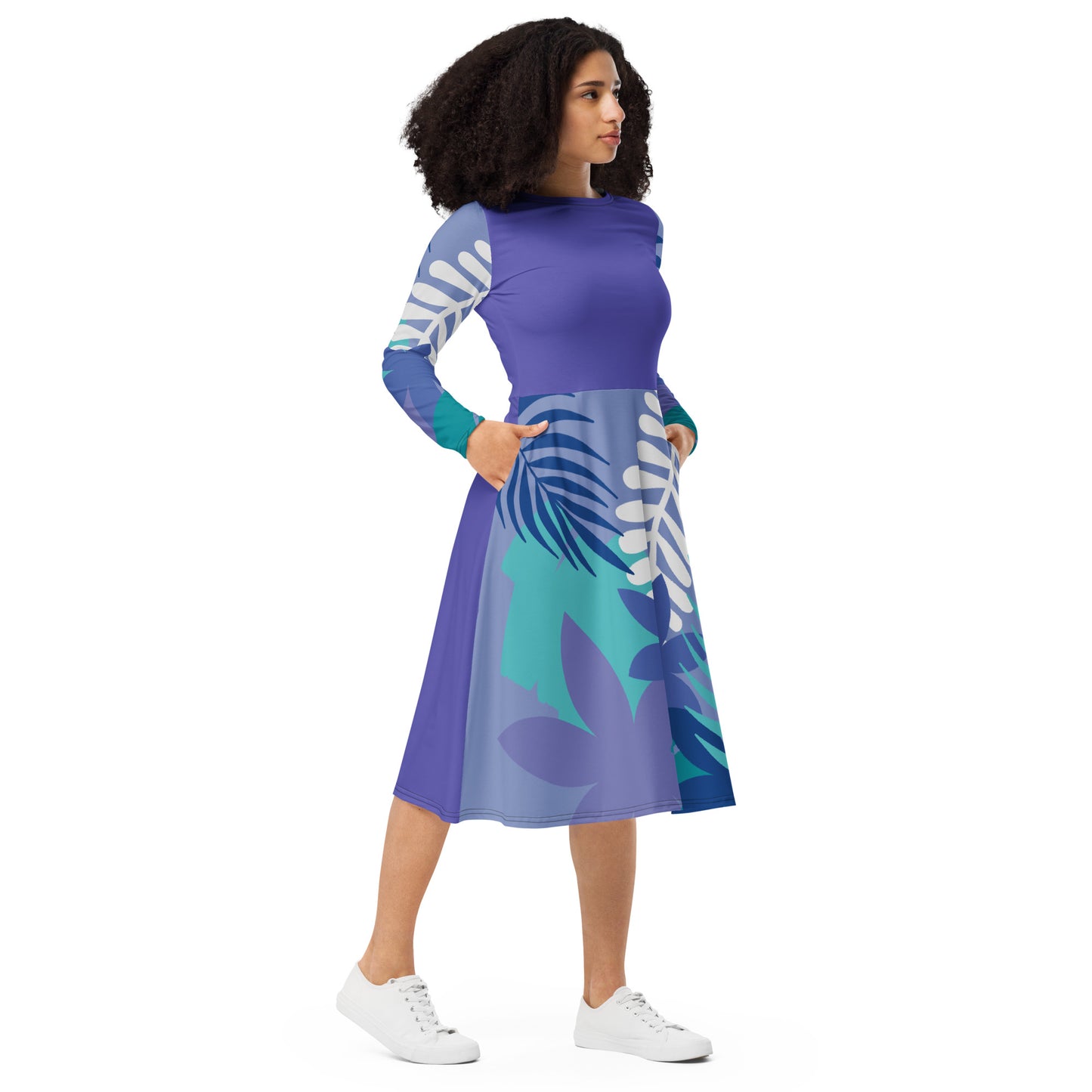 All-over print long sleeve midi dress